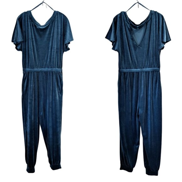 ANTHROPOLOGIE Linda Velvet Jumpsuit M Blue Velour Soft Stretch Comfortable - Picture 2 of 10